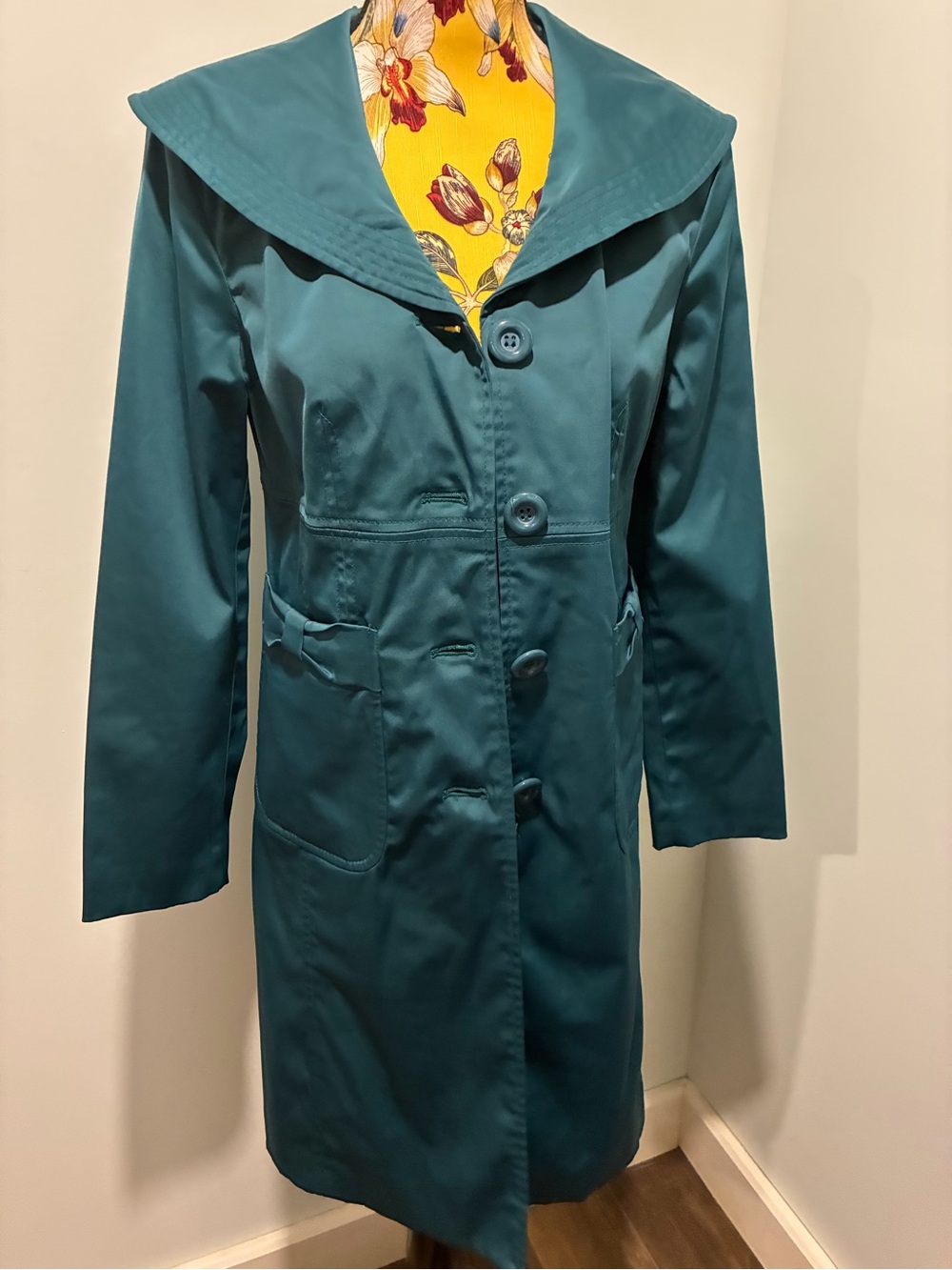 NINE WEST Teal Long Button-Front Women’s Coat Bow Pockets Size Small